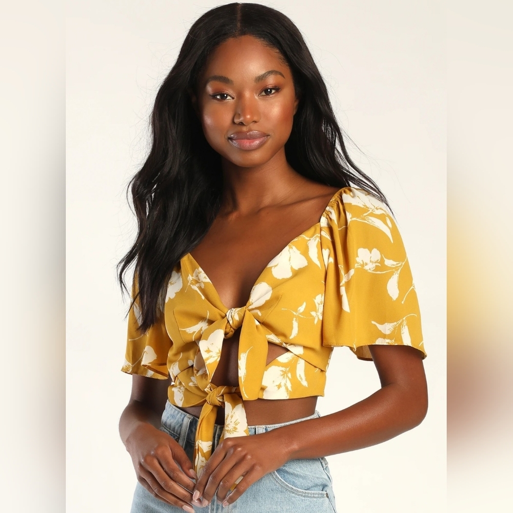 Lulu's Mustard Yellow Floral Tie-Front Crop Top
